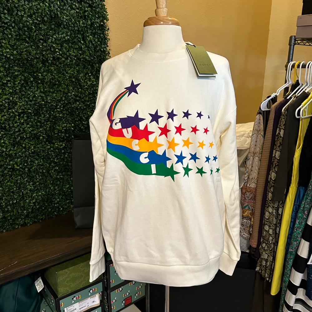 New Authentic Gucci Women’s Shooting Star Print Cotton Sweatshirt in white Sz S
